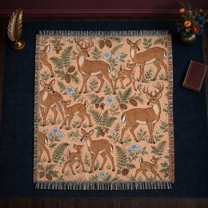 Whimsical Contour Deer woven throw blanket — outlined cartoon deer and fawns among sage ferns, pinecones and pale blue flowers on apricot