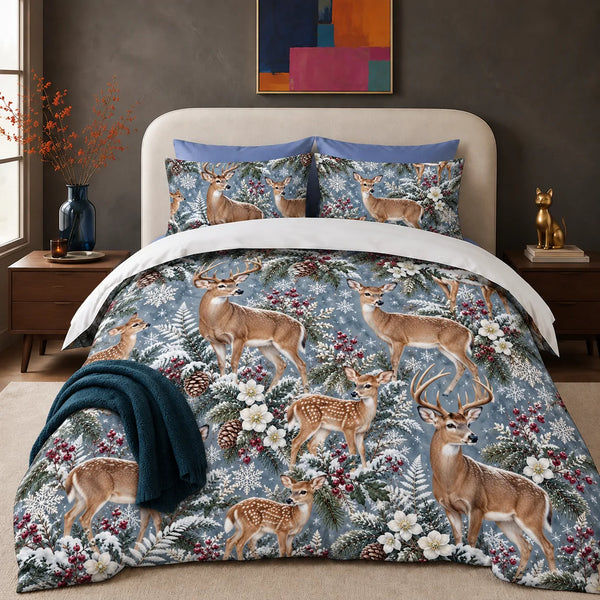 Winter Garden Deer comforter set — deer and fawns among snowy pine, red berries, white flowers and snowflakes on blue-gray