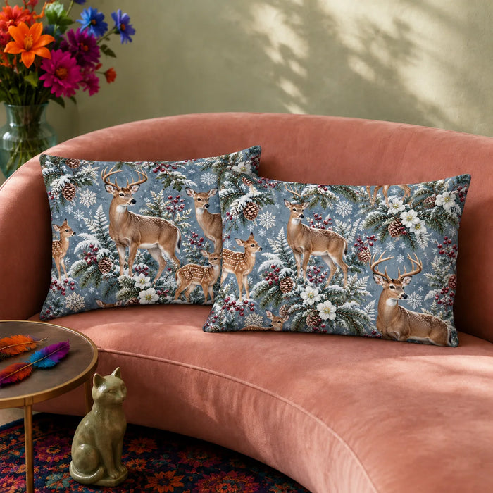 Winter Garden Deer pillowcase set — deer and fawns among snowy pine, red berries, white flowers and snowflakes on blue-gray