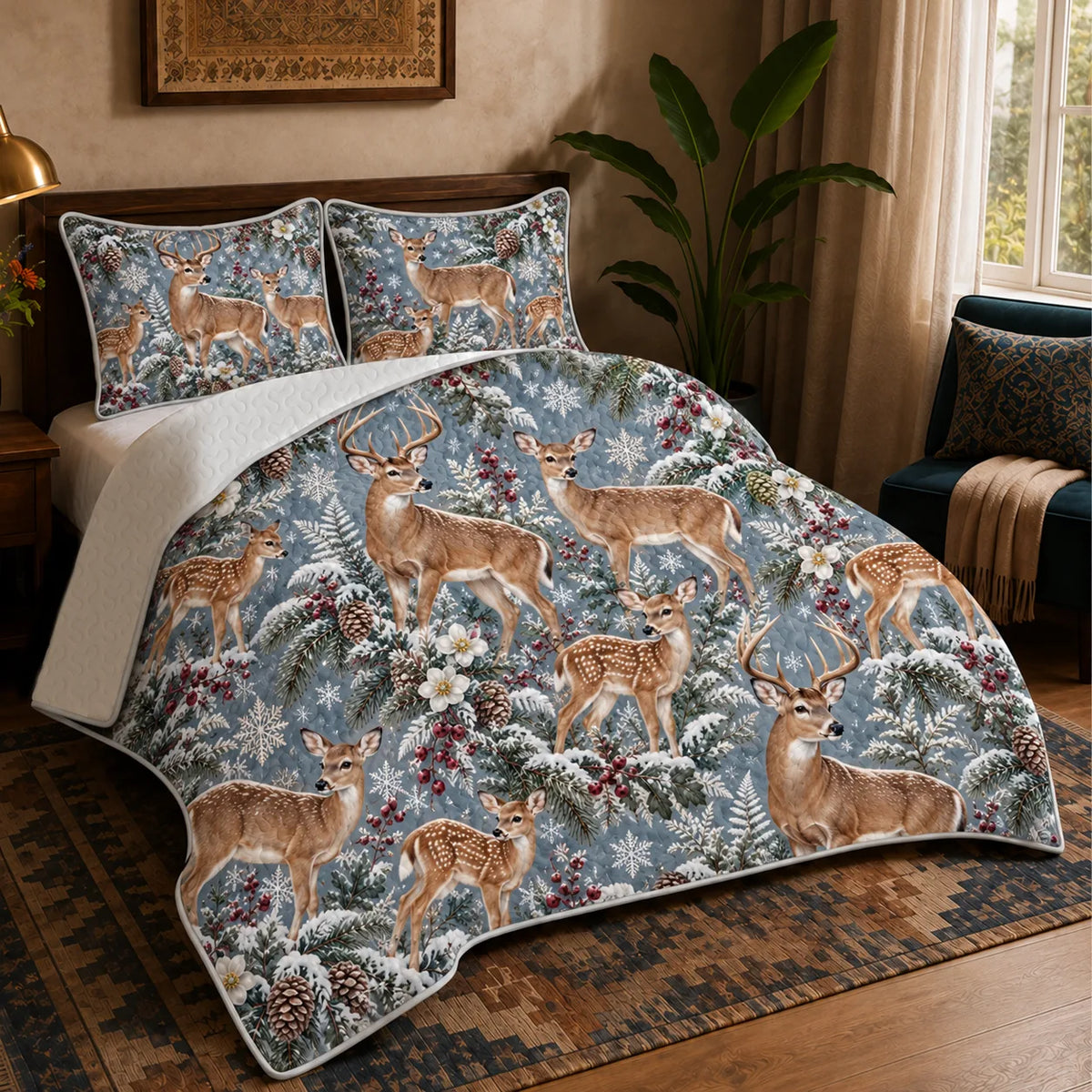 Winter Garden Deer quilt set — deer and fawns among snowy pine, red berries, white flowers and snowflakes on blue-gray