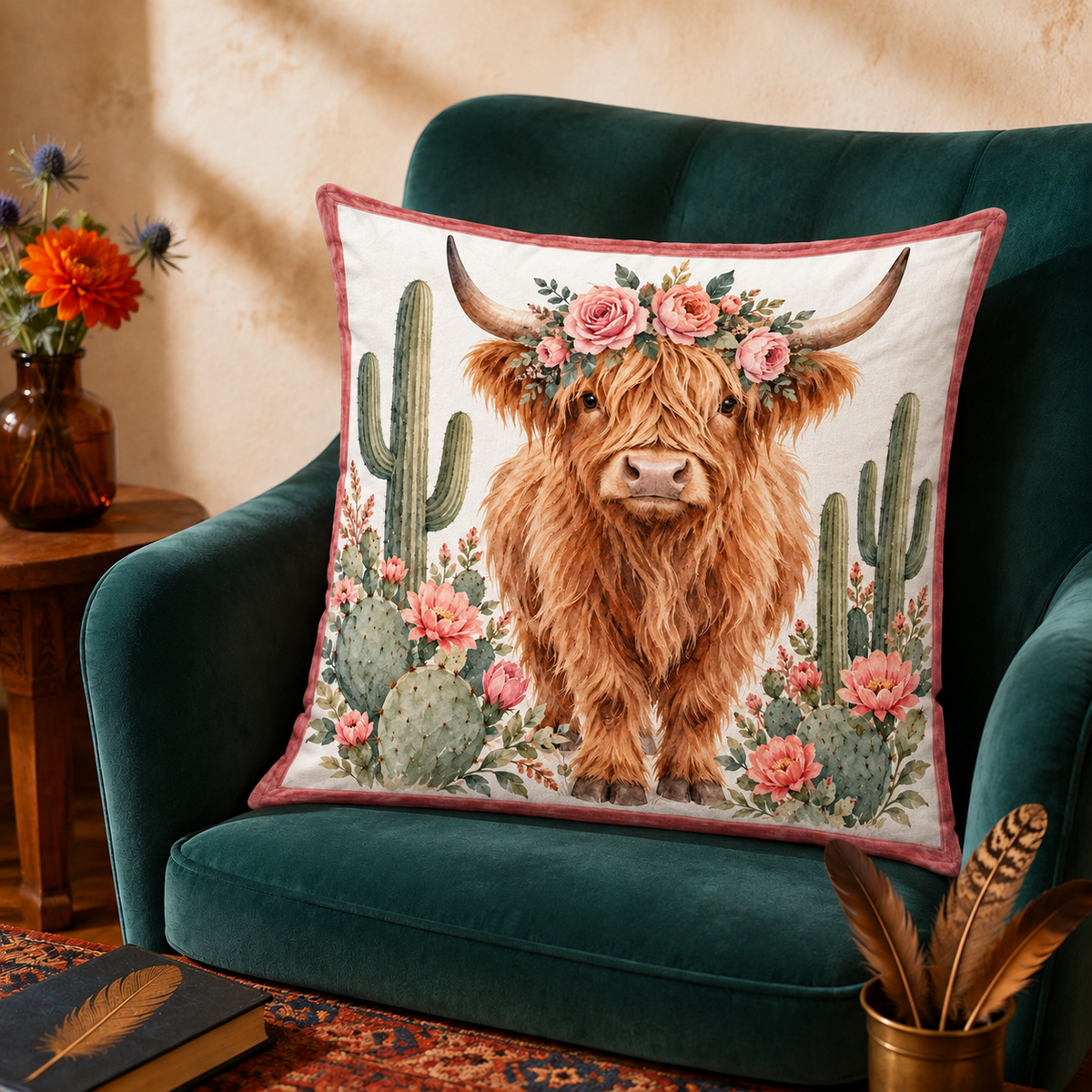 Desert Rose Highland Cow cushion covers - watercolour highland cow in a pink rose crown with saguaro cacti and prickly pear