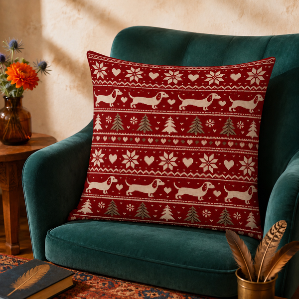 Fair Isle Dachshund Christmas cushion cover set — deep red knit print with cream dachshunds and sage-green trees
