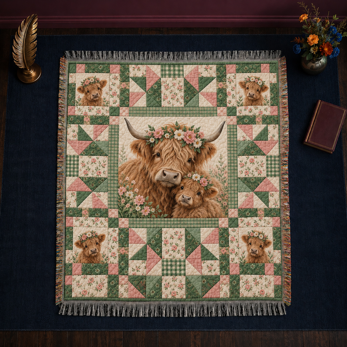 Floral Patchwork Highland Cow Woven Throw Blanket — highland cow mum and calf in flower crowns inside a sage green and dusty pink patchwork frame