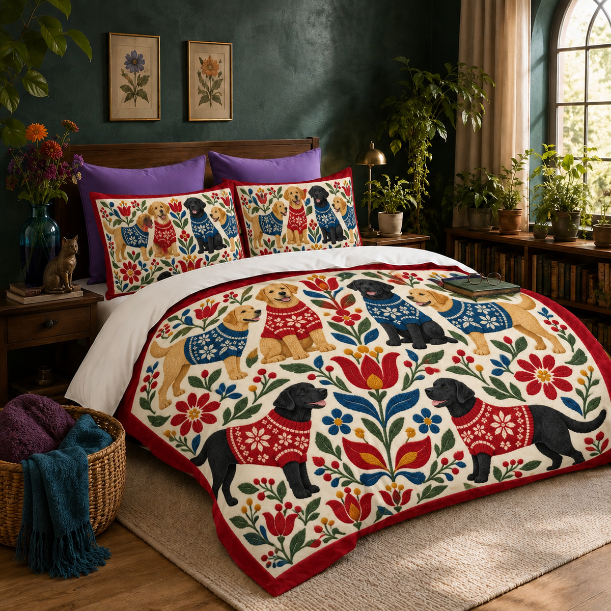 Folk Floral Sweater Labradors Duvet Cover Set — Scandinavian folk-art golden and black Labradors in red and blue knit sweaters on a cream ground with red binding