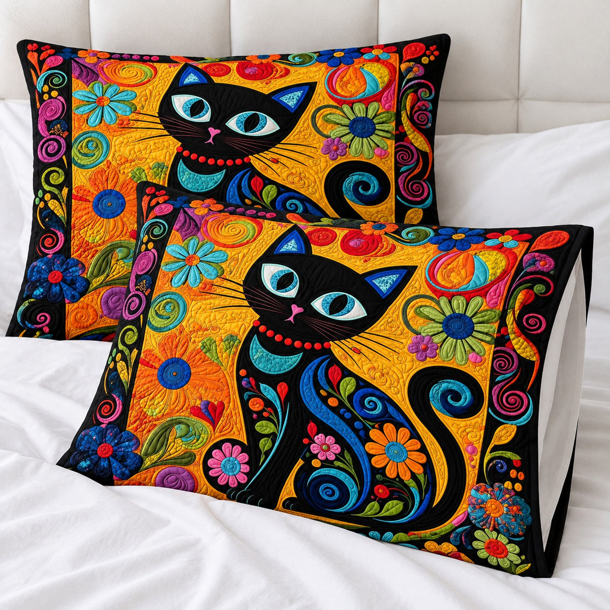 Folk Flower Black Cat pillowcases – set of two printed pillowcases on a white bed