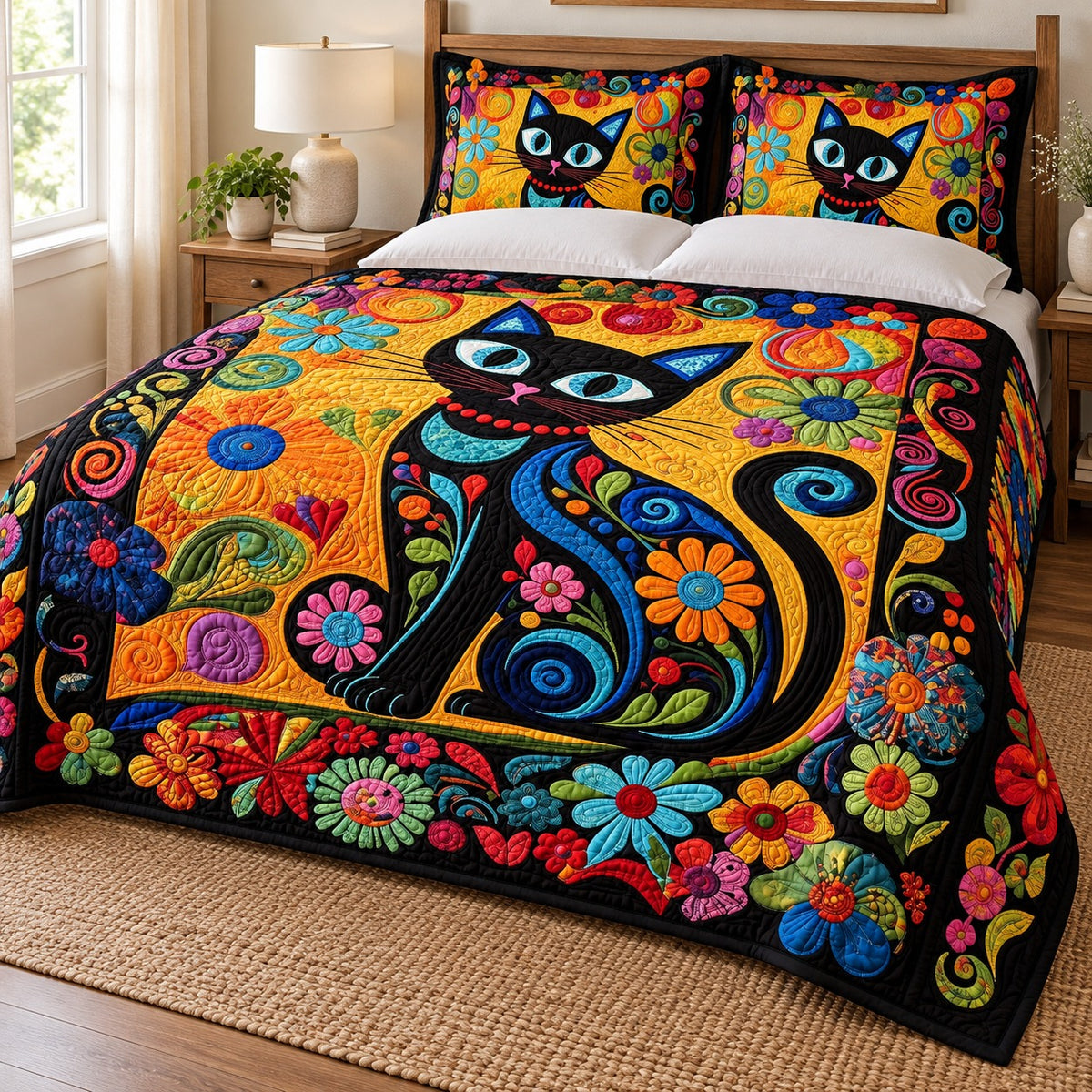 Folk Flower Black Cat quilt set – quilt and two matching shams on a queen bed in a bright neutral bedroom