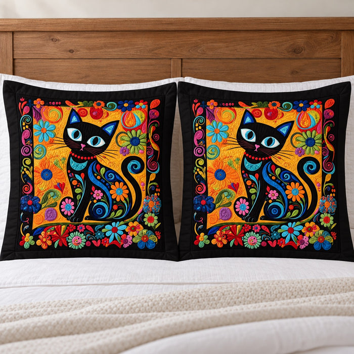 Folk Flower Black Cat pillow shams – two flanged shams standing against a wooden headboard