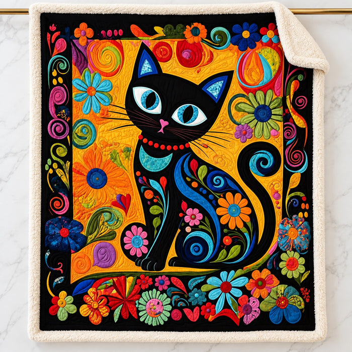 Folk Flower Black Cat sherpa blanket – smooth printed flannel front with plush cream sherpa back