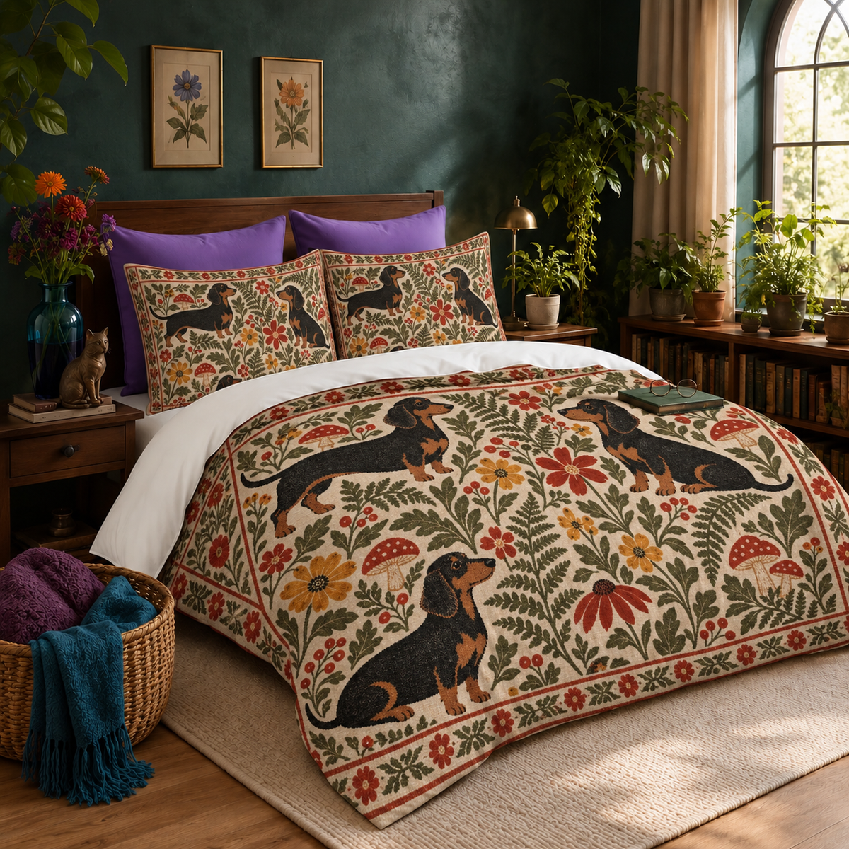Folk Garden Dachshund duvet cover set in cream with olive, red and gold folk-art print