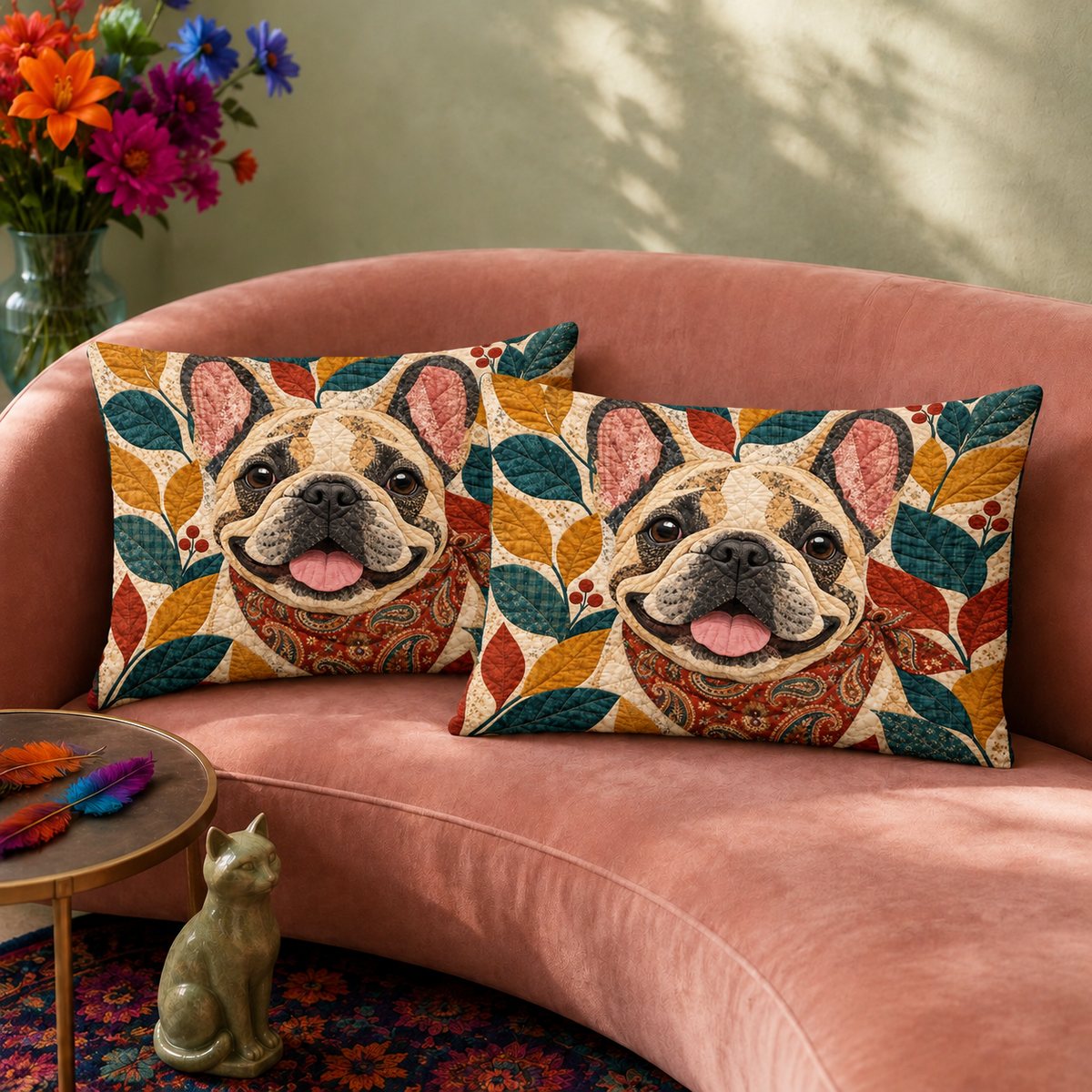 Two Folk Patchwork French Bulldog pillowcases on a made bed