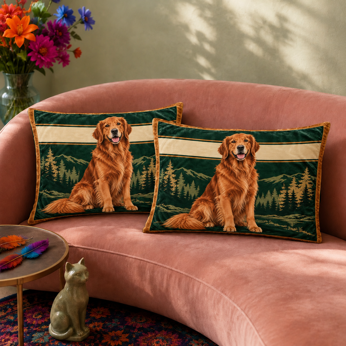 Two Forest Green Golden Retriever Portrait pillowcases on a sofa