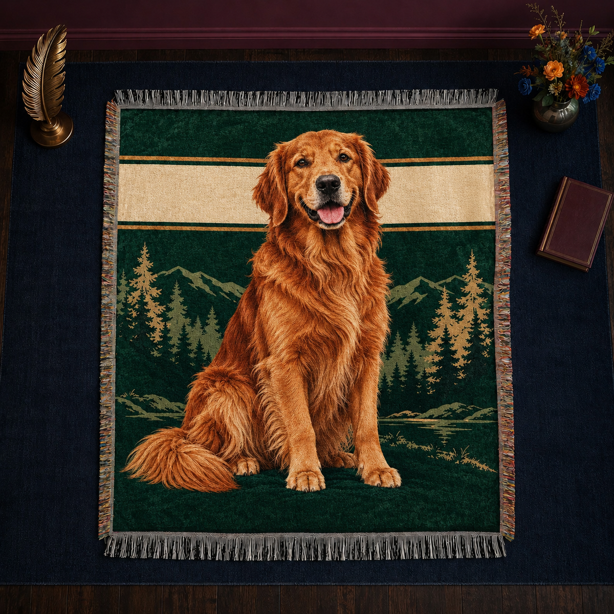 Forest Green Golden Retriever Portrait woven throw blanket with knotted fringe
