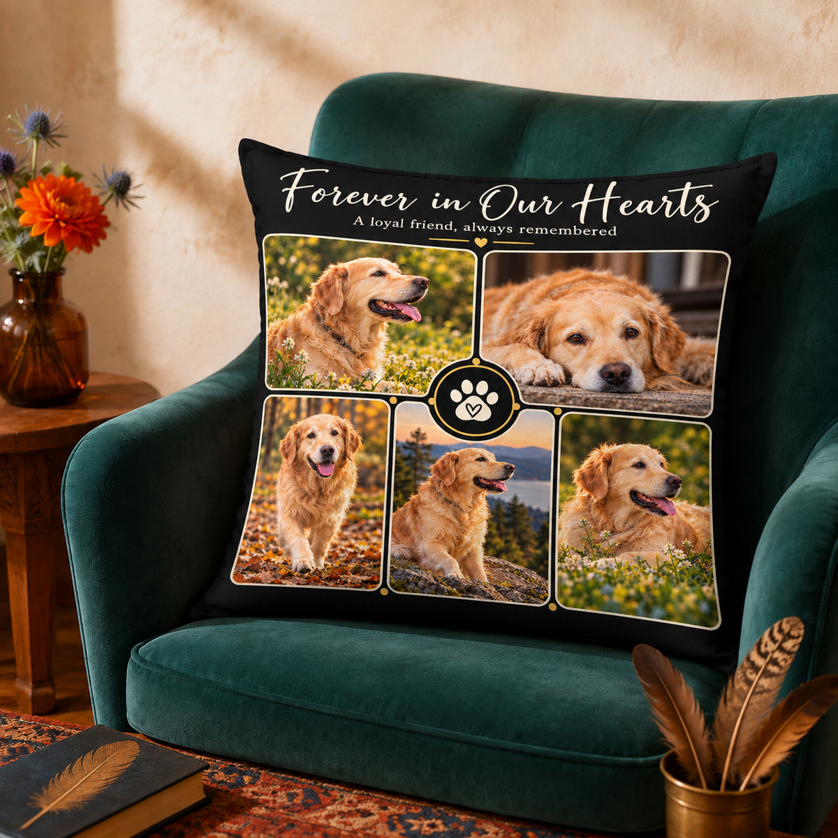 Forever in Our Hearts cushion cover on an armchair. Five photos on black, with a gold paw medallion at the centre.