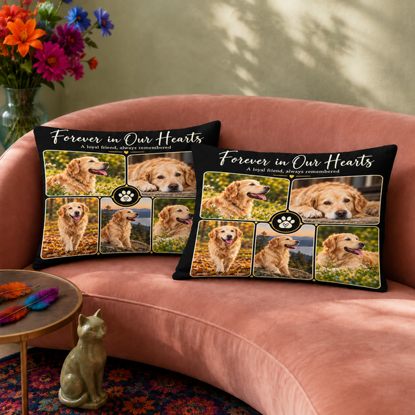 Forever in Our Hearts pillowcase set — two printed pillowcases on a sofa. Five photos on black, with a gold paw medallion at the centre.
