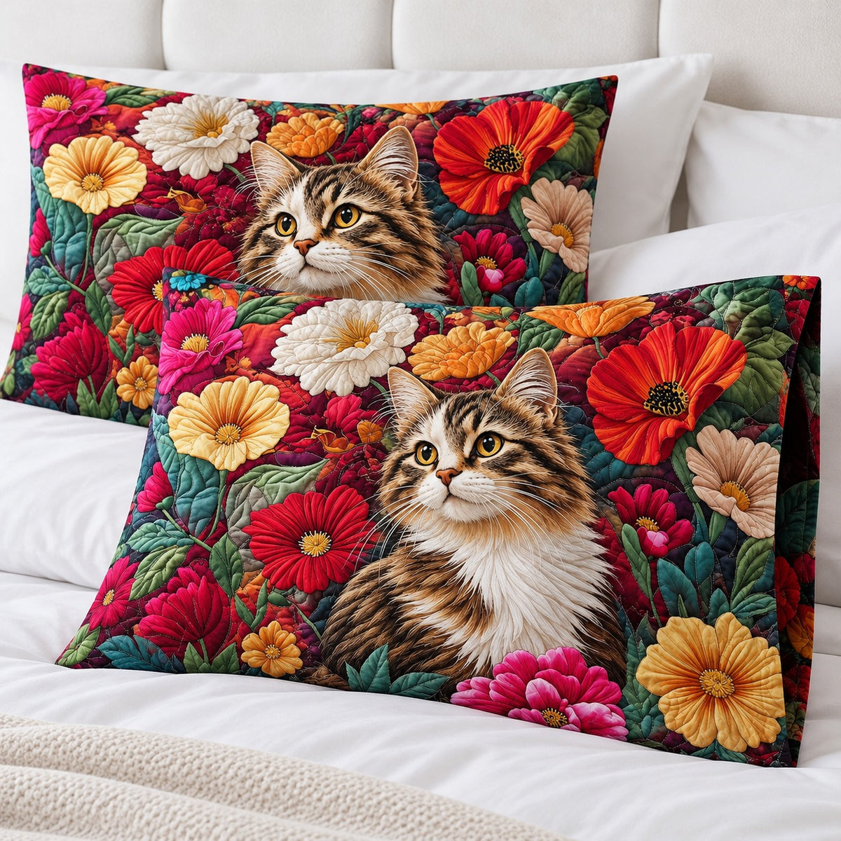 Garden Bloom Tabby Cat pillowcases – set of two printed pillowcases on a white bed