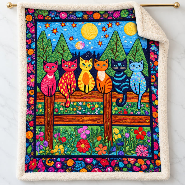 Garden Fence Cats sherpa blanket – smooth printed flannel front with plush cream sherpa back, hanging on a gold rod