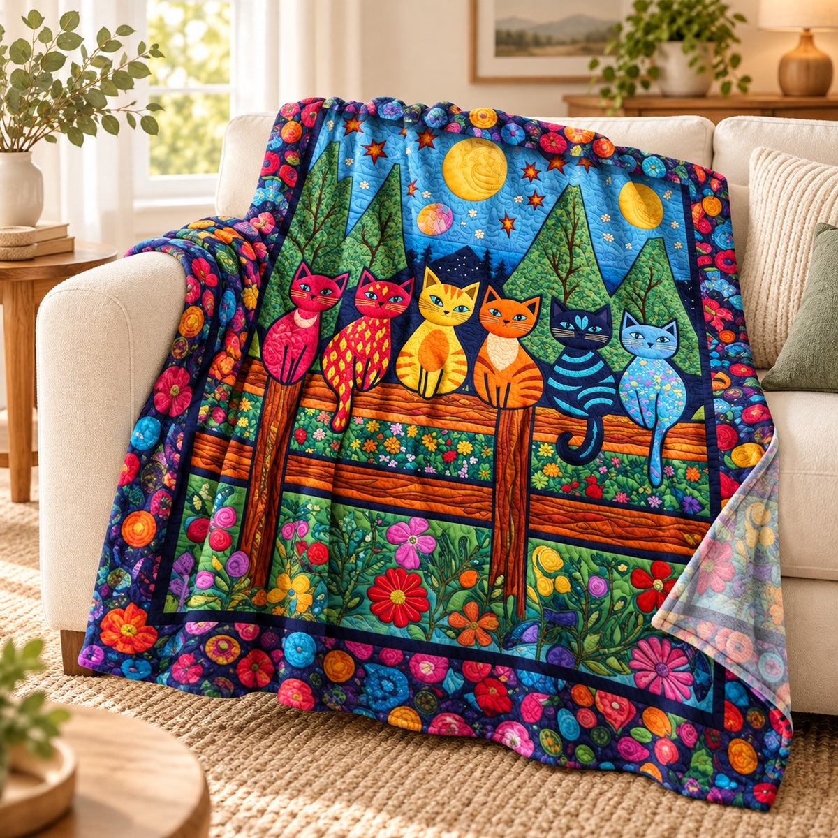Garden Fence Cats fleece throw blanket – lightweight printed fleece draped over a cream sofa
