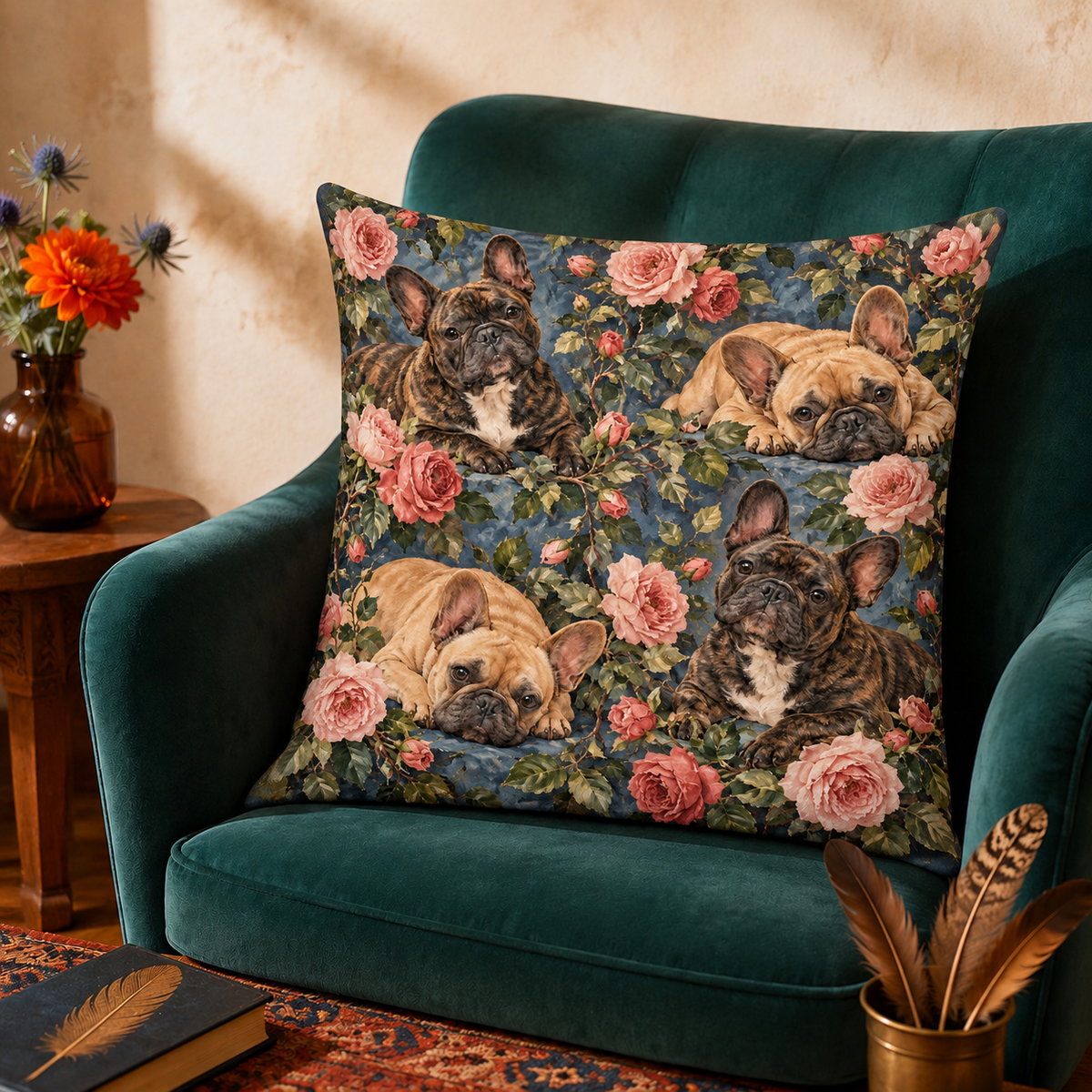 Garden Rose French Bulldogs cushion cover on an armchair