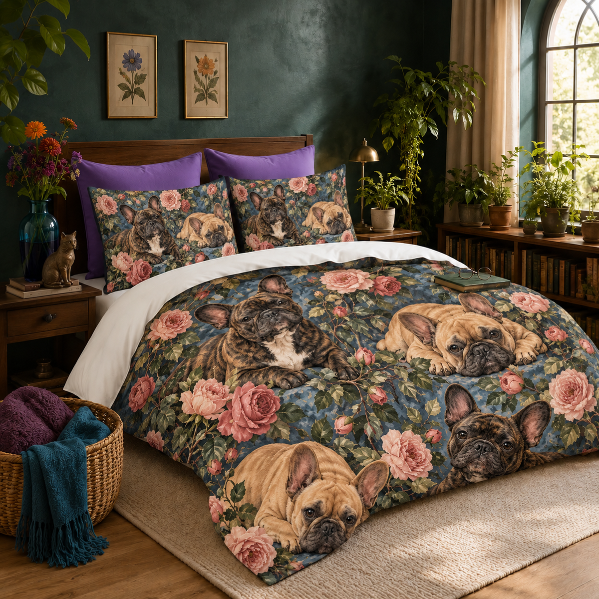Garden Rose French Bulldogs duvet cover set with two matching shams on a made bed
