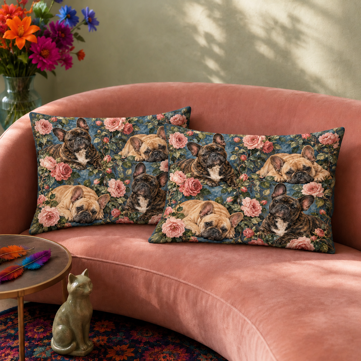 Pair of Garden Rose French Bulldogs pillowcases resting on a sofa