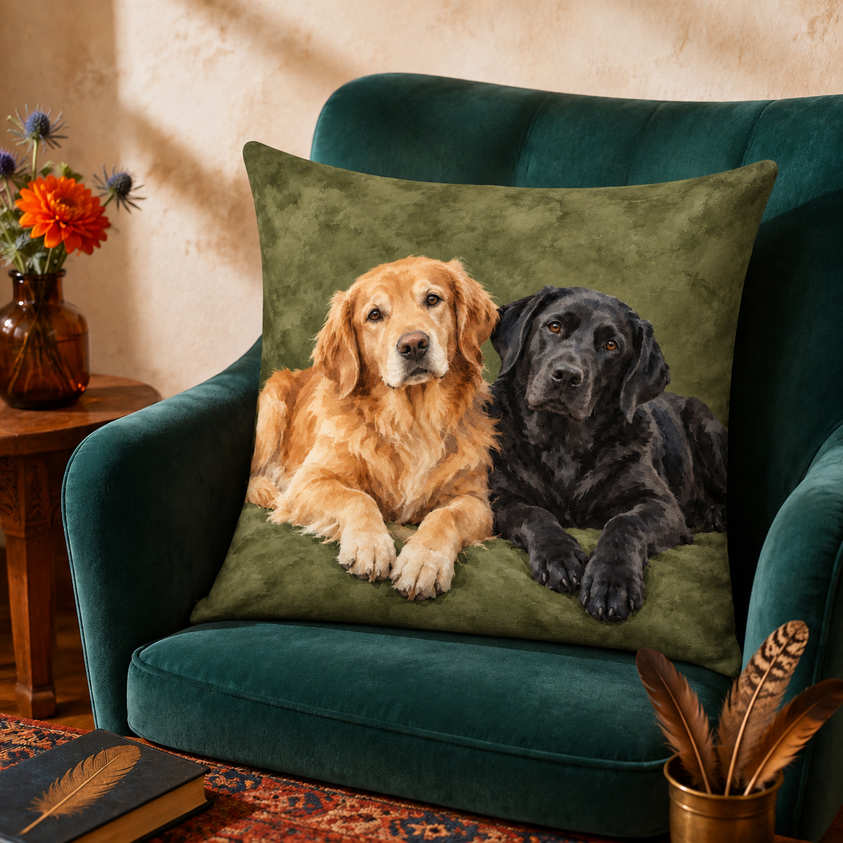Golden Retriever & Black Lab Duo cushion cover set — watercolour golden retriever and black Labrador on sage green cushion covers