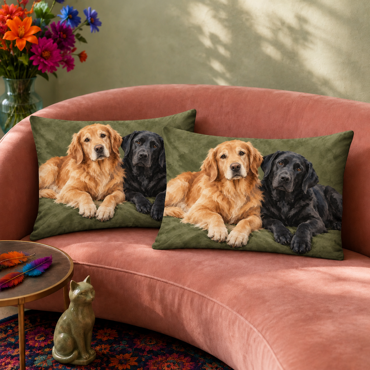Golden Retriever & Black Lab Duo pillowcase set — two watercolour golden retriever and black Labrador pillowcases on sage green