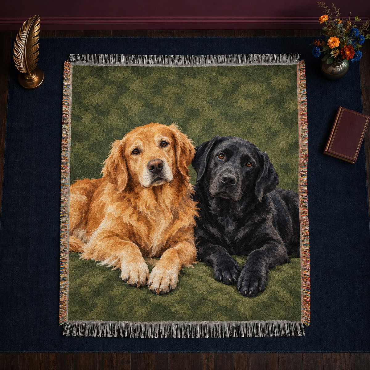 Golden Retriever & Black Lab Duo woven throw blanket — jacquard golden retriever and black Labrador on sage green with knotted fringe