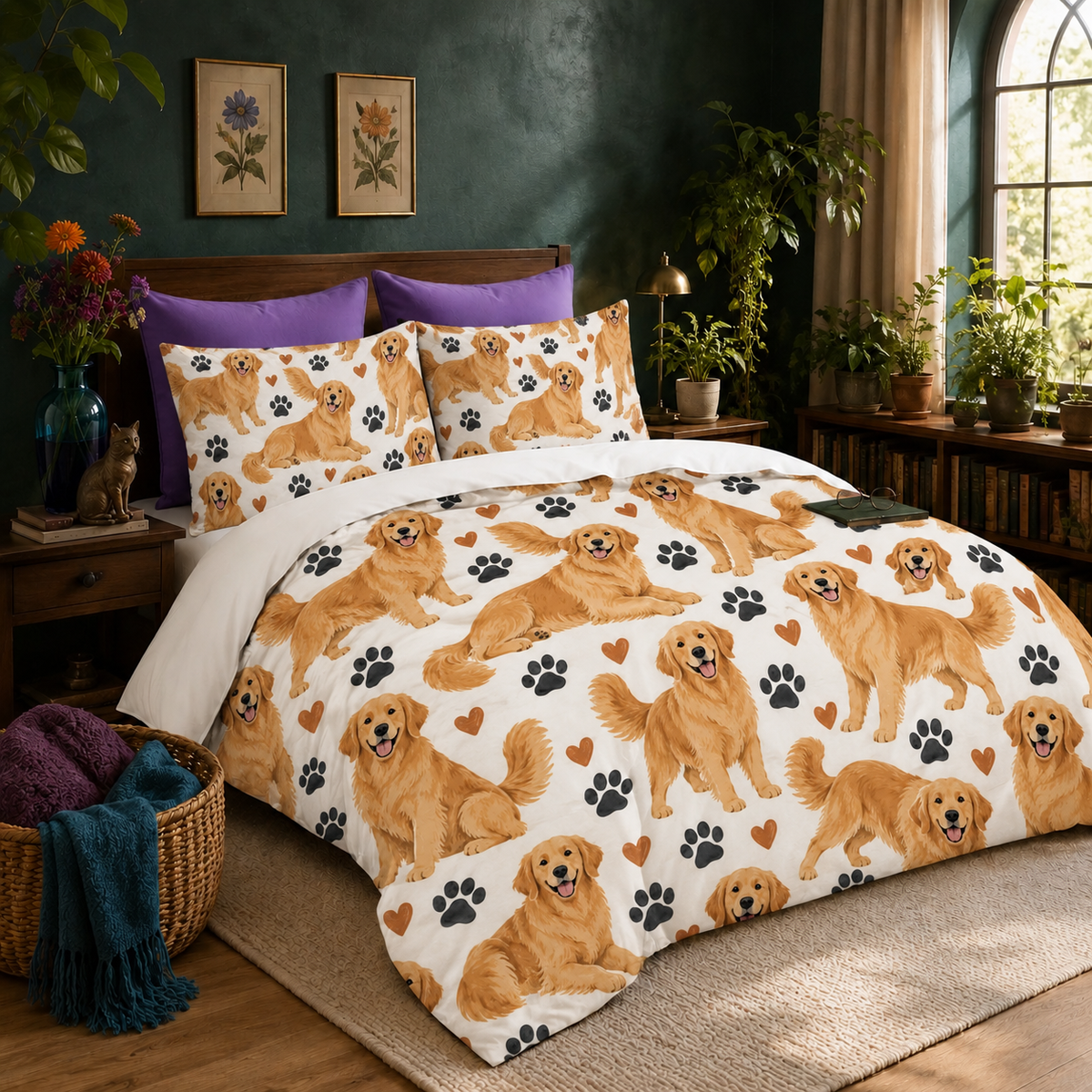Golden Retriever Paw Print duvet cover set on a made bed with two matching shams