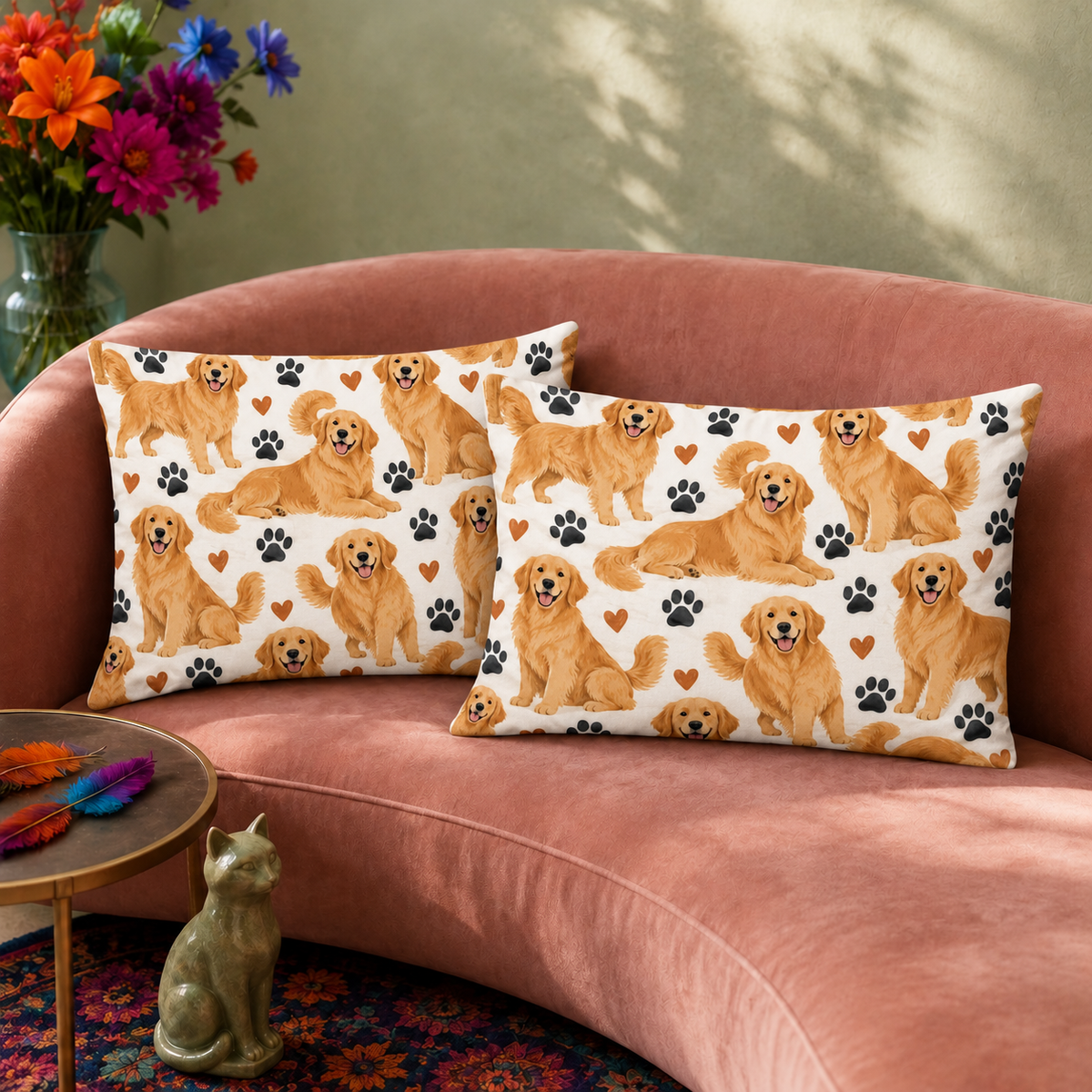 Golden Retriever Paw Print pillowcase set, two matching cases