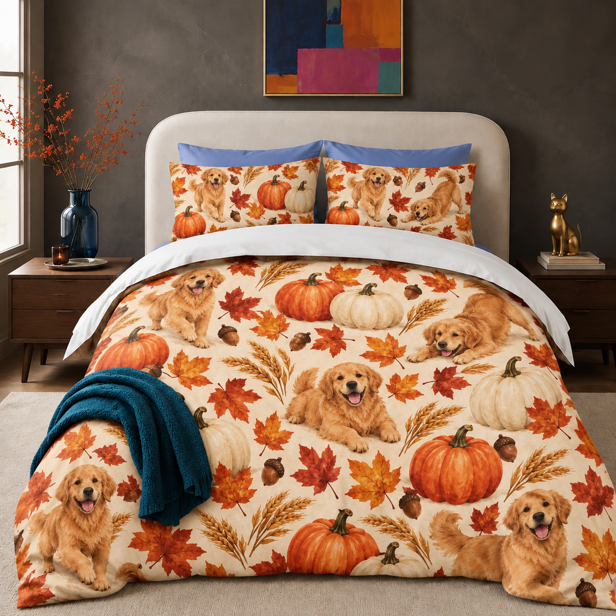 Golden Retriever Pumpkin Harvest comforter set on a made bed with two matching shams