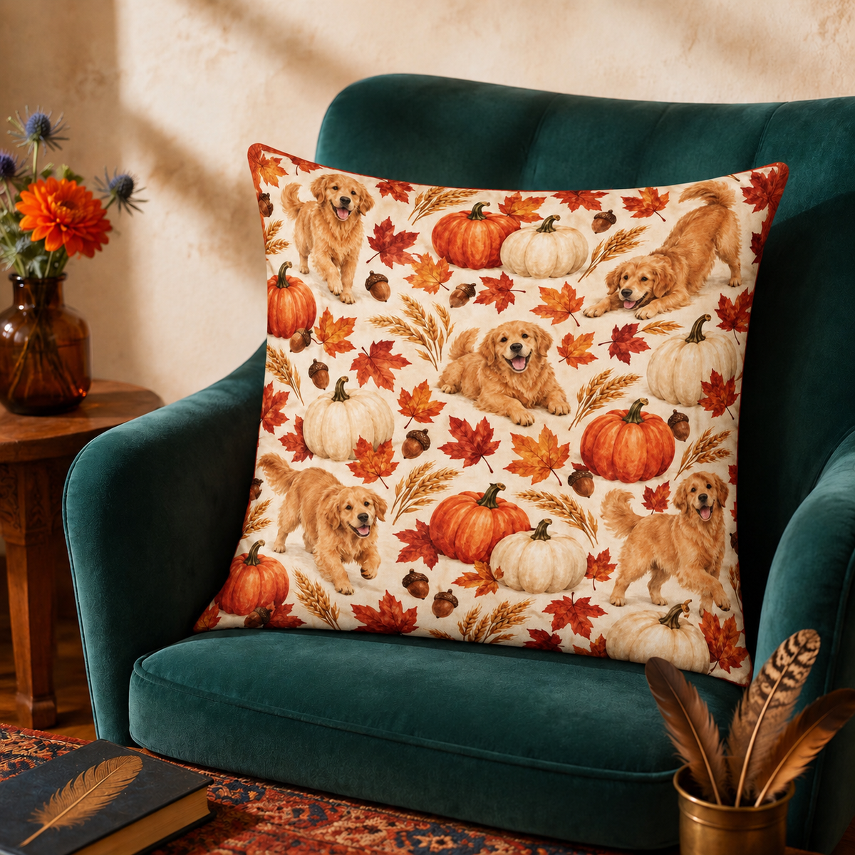 Golden Retriever Pumpkin Harvest cushion cover on a green velvet armchair