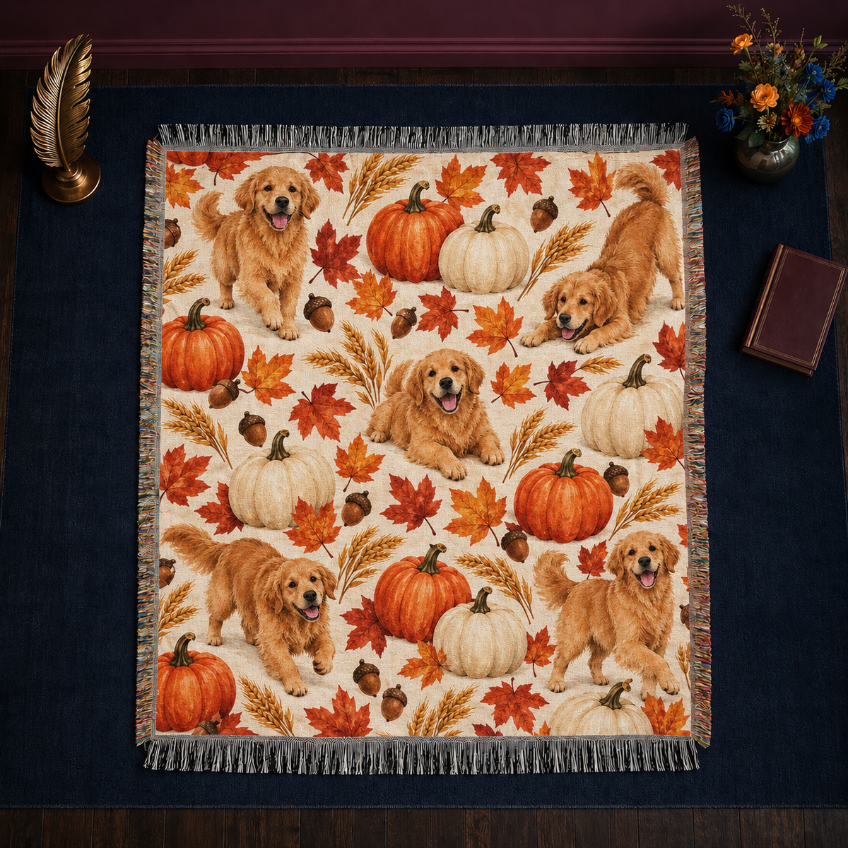 Golden Retriever Pumpkin Harvest woven throw blanket with knotted fringe on all four sides