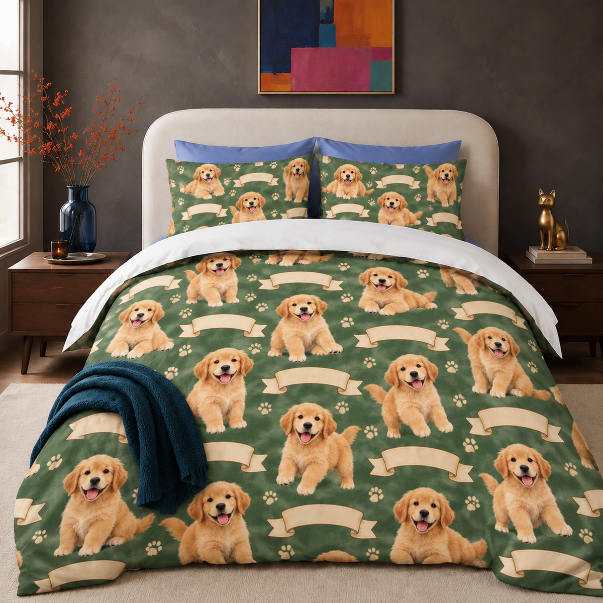 Golden Retriever Puppy Ribbon comforter set — sage green comforter with golden retriever puppies and cream ribbon banners, two matching shams