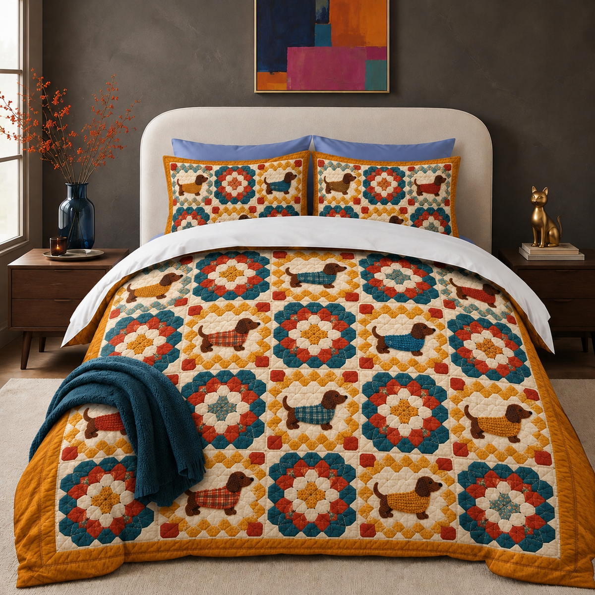 Granny Square Dachshund comforter set — crochet granny squares in marigold, teal and tomato red with dachshunds in knitted sweaters