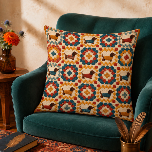 Granny Square Dachshund cushion cover set — crochet granny squares in marigold, teal and tomato red with dachshunds in knitted sweaters