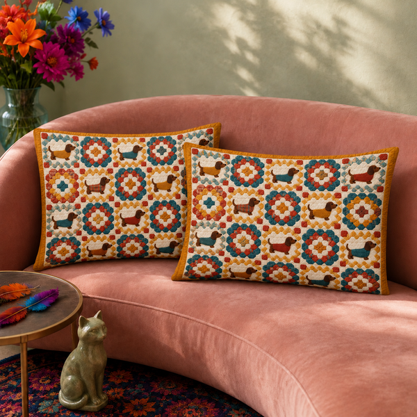 Granny Square Dachshund pillowcase set — crochet granny squares in marigold, teal and tomato red with dachshunds in knitted sweaters