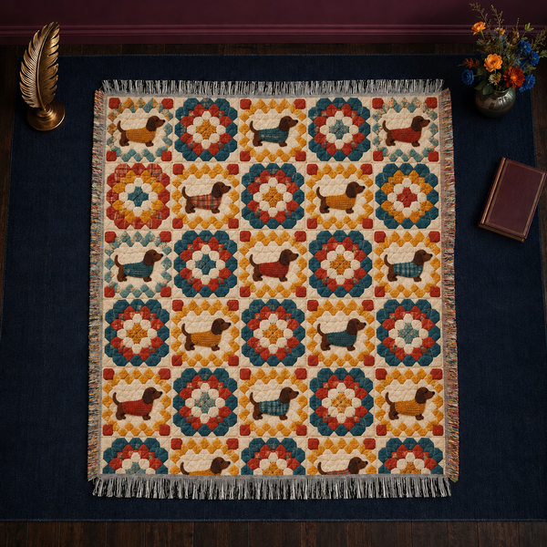 Granny Square Dachshund woven throw blanket — crochet granny squares in marigold, teal and tomato red with dachshunds in knitted sweaters