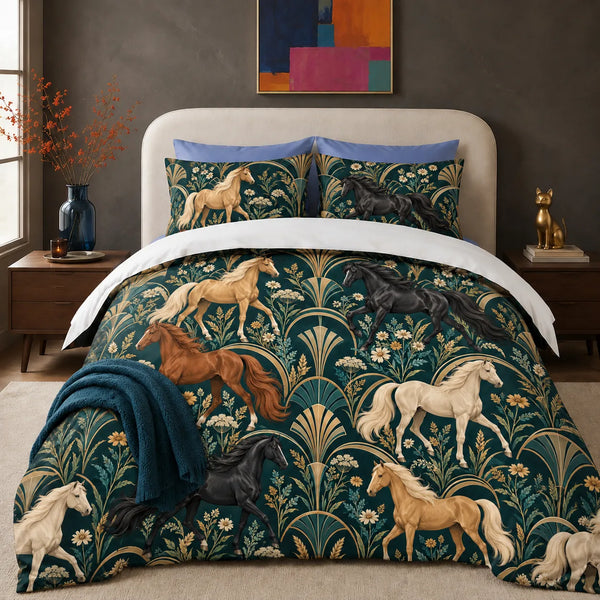 Art Deco Horse comforter set — palomino, chestnut and black horses between gold fan shapes and daisies on deep teal