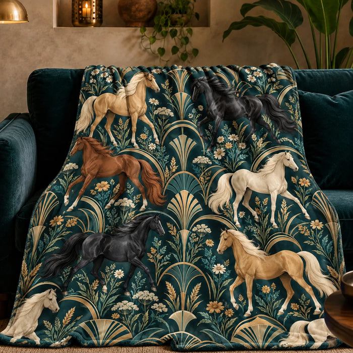 Art Deco Horse fleece throw blanket — palomino, chestnut and black horses between gold fan shapes and daisies on deep teal