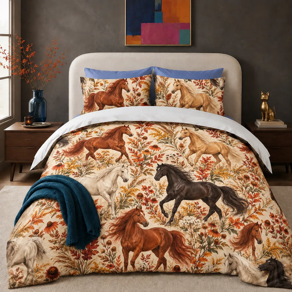 Autumn Copper Horse comforter set — copper, palomino and white horses among rust leaves, coneflowers and goldenrod on cream