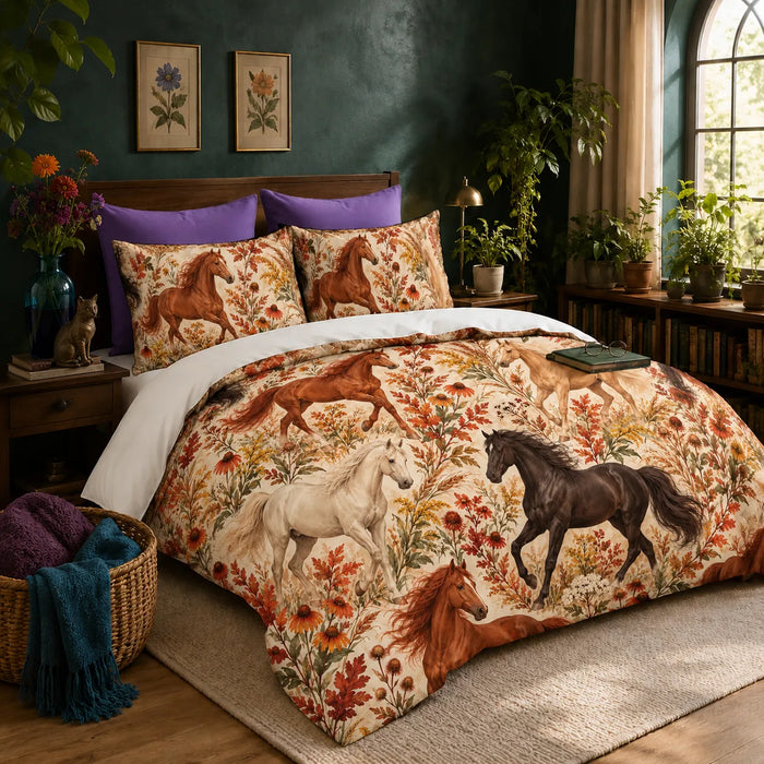 Autumn Copper Horse duvet cover set — copper, palomino and white horses among rust leaves, coneflowers and goldenrod on cream