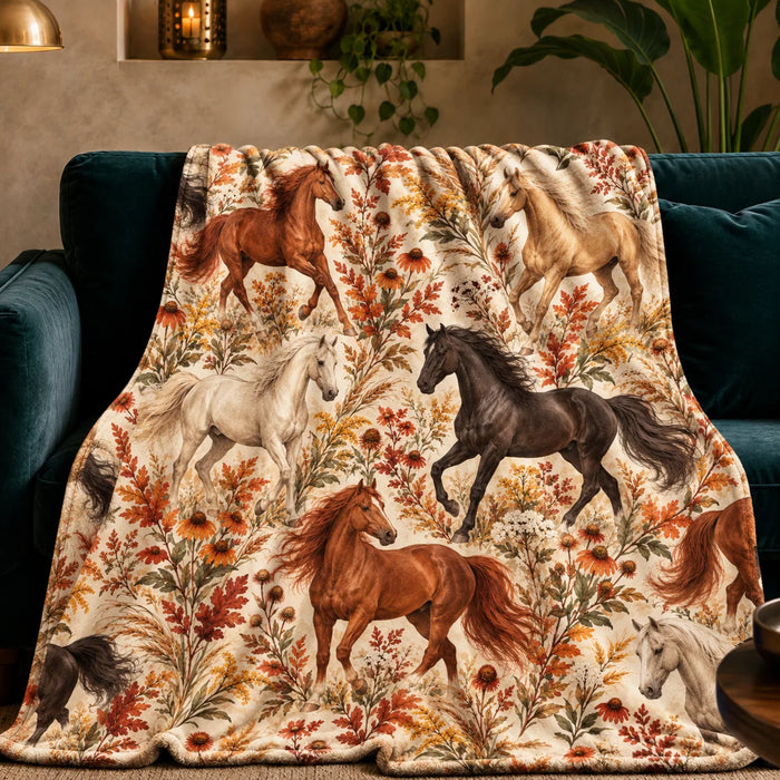 Autumn Copper Horse fleece throw blanket — copper, palomino and white horses among rust leaves, coneflowers and goldenrod on cream