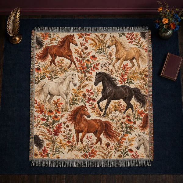 Autumn Copper Horse woven throw blanket — copper, palomino and white horses among rust leaves, coneflowers and goldenrod on cream