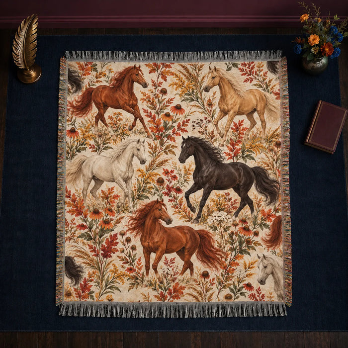 Autumn Copper Horse woven throw blanket — copper, palomino and white horses among rust leaves, coneflowers and goldenrod on cream