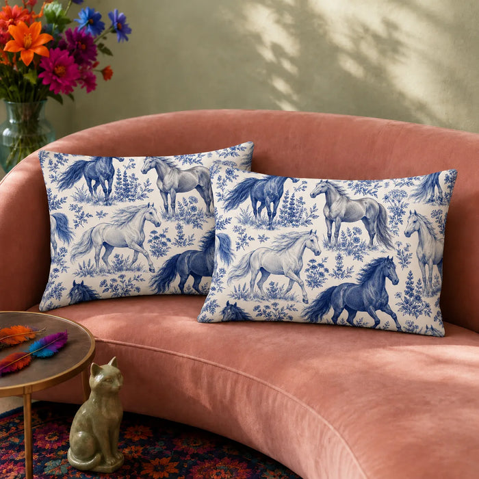 Blue Toile Horse pillowcase set — blue engraved horses standing and galloping among lupines and wildflowers on cream
