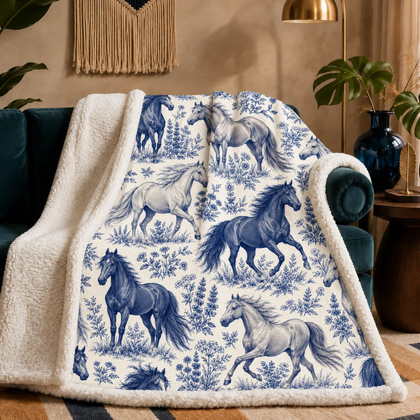 Blue Toile Horse sherpa blanket — blue engraved horses standing and galloping among lupines and wildflowers on cream