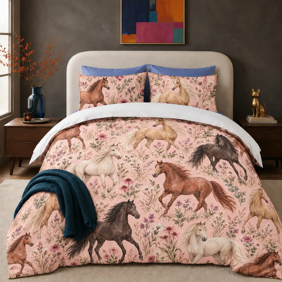 Blush Meadow Horse comforter set — chestnut, bay and cream horses among pink coneflowers and lavender sprigs on blush