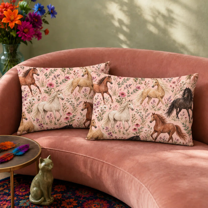 Blush Meadow Horse pillowcase set — chestnut, bay and cream horses among pink coneflowers and lavender sprigs on blush