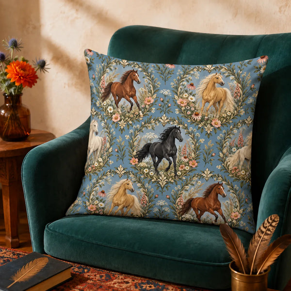 Botanical Medallions Horse cushion cover set — chestnut, palomino and black horses in leafy oval medallions with pink flowers on chambray blue