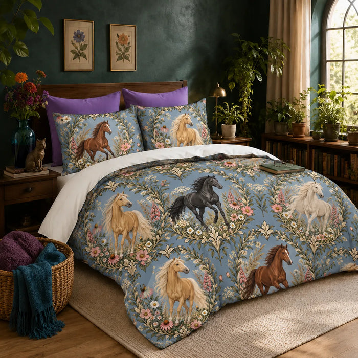 Botanical Medallions Horse duvet cover set — chestnut, palomino and black horses in leafy oval medallions with pink flowers on chambray blue